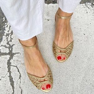 Gold Peep Toe Flat Sandals